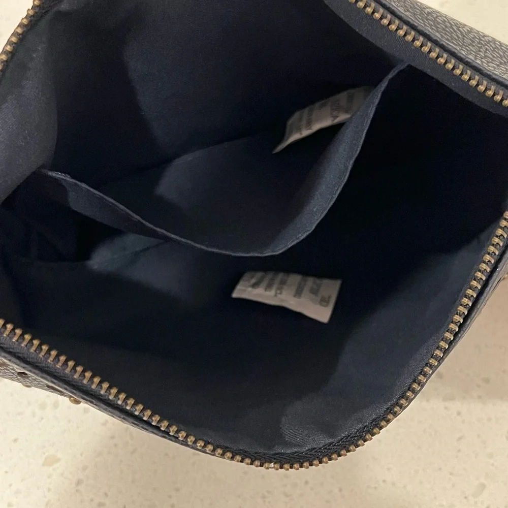 Revive Vintage Vegan Leather Navy Cosmetic Bag w/Rose Gold Floral Beaded Design